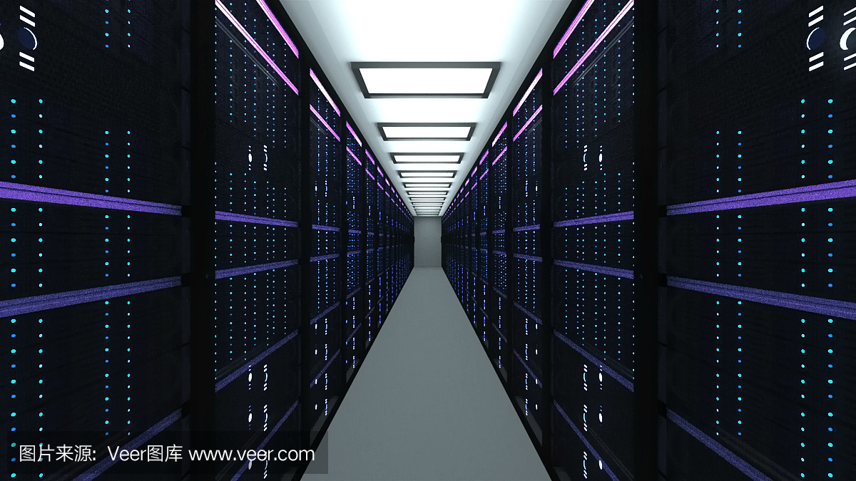數(shù)據(jù)中心的現(xiàn)代服務器室內部,網(wǎng)絡和互聯(lián)網(wǎng)通信技術,大數(shù)據(jù)存儲和云服務概念,3d渲染